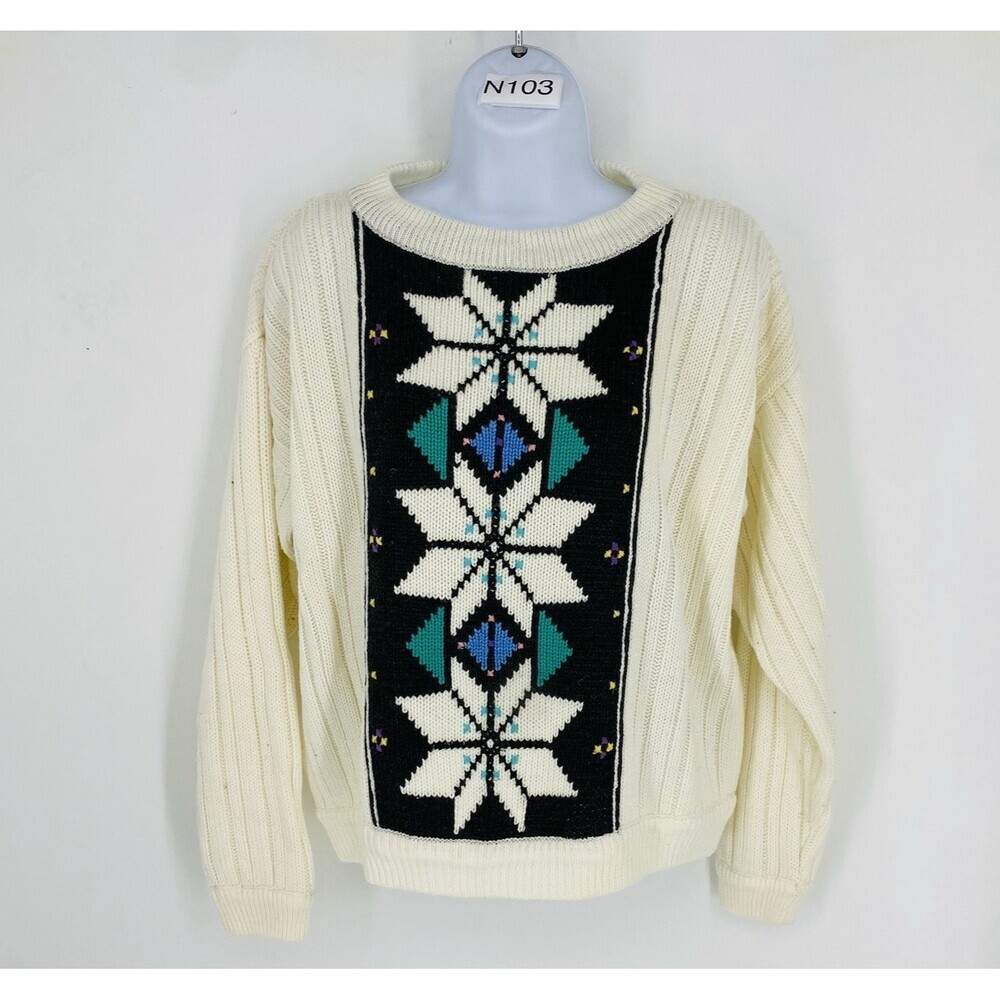 Vintage Words Cream Geometric Faire Isle Snowflake Knit Sweater Size Small